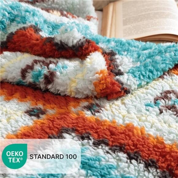 Boho Sherpa Throw Blanket Aztec Aqua Ultra Soft Warm Cozy Plush Thick Fleece NEW - Picture 5 of 5